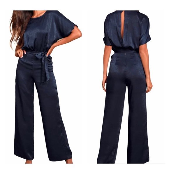 Lulus Pants - Lulus Mirabella Navy Satin Wide Leg Jumpsuit L NWT